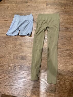 Alphalete Olive Green Full-Length Leggings with Light Blue Bike Shorts